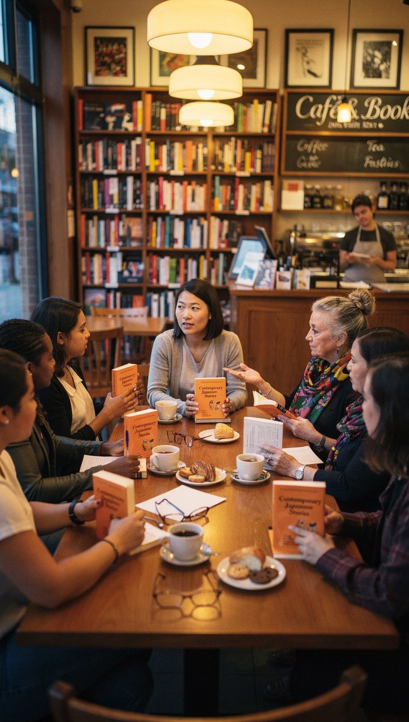 読書クラブのメンバーが集まるシーン、賑やかな雰囲気